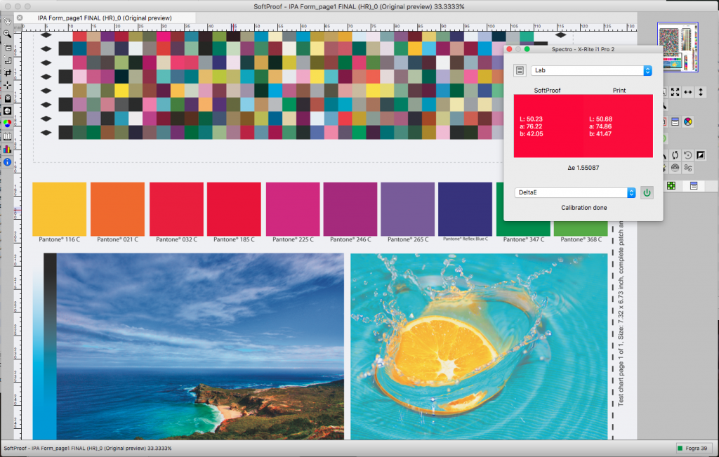 Measurement taken of PANTONE 032 C on-screen compared to the same area measured on the press/printed sheet