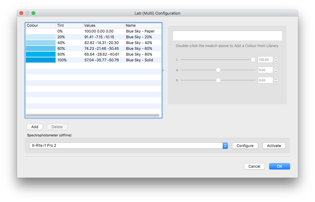 New colours are created with a set of interpolated Lab values for 20%, 40%, 60% and 80% tint levels.