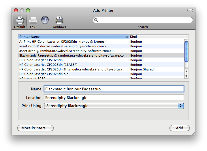 BM bonjour printer config