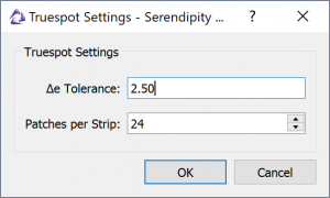 Truespot Settings with default ∆e Tolerance and Patches per Strip values.